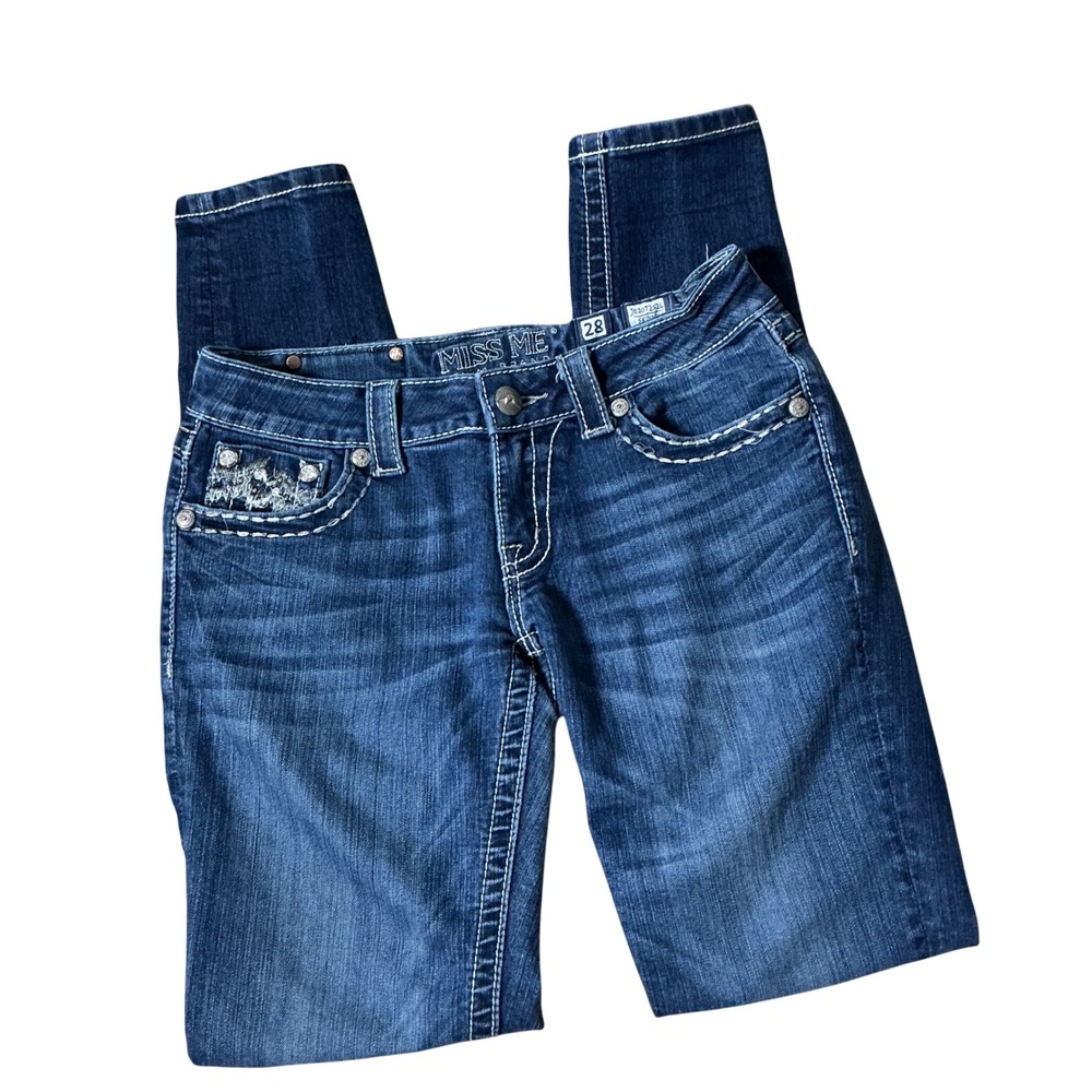 Miss Me Buckle Exclusive Skinny Jeans Womens 28 Blue Dark Wash Embellished Y2K